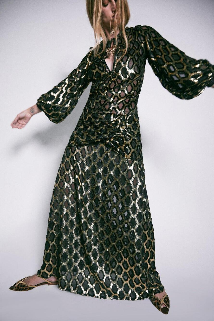 JOHANNA ORTIZ Pura Luz Maxi Devore Honeycomb Metallic Skirt in Black Gold 6